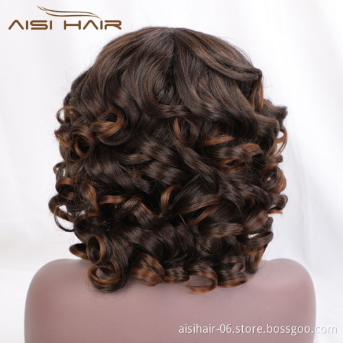 Aisi Hair Vendor Cheap Wholesale Curly Loose Wave Short Bob Ombre Brown Wig With Bangs For Black Women Synthetic Hair Wigs